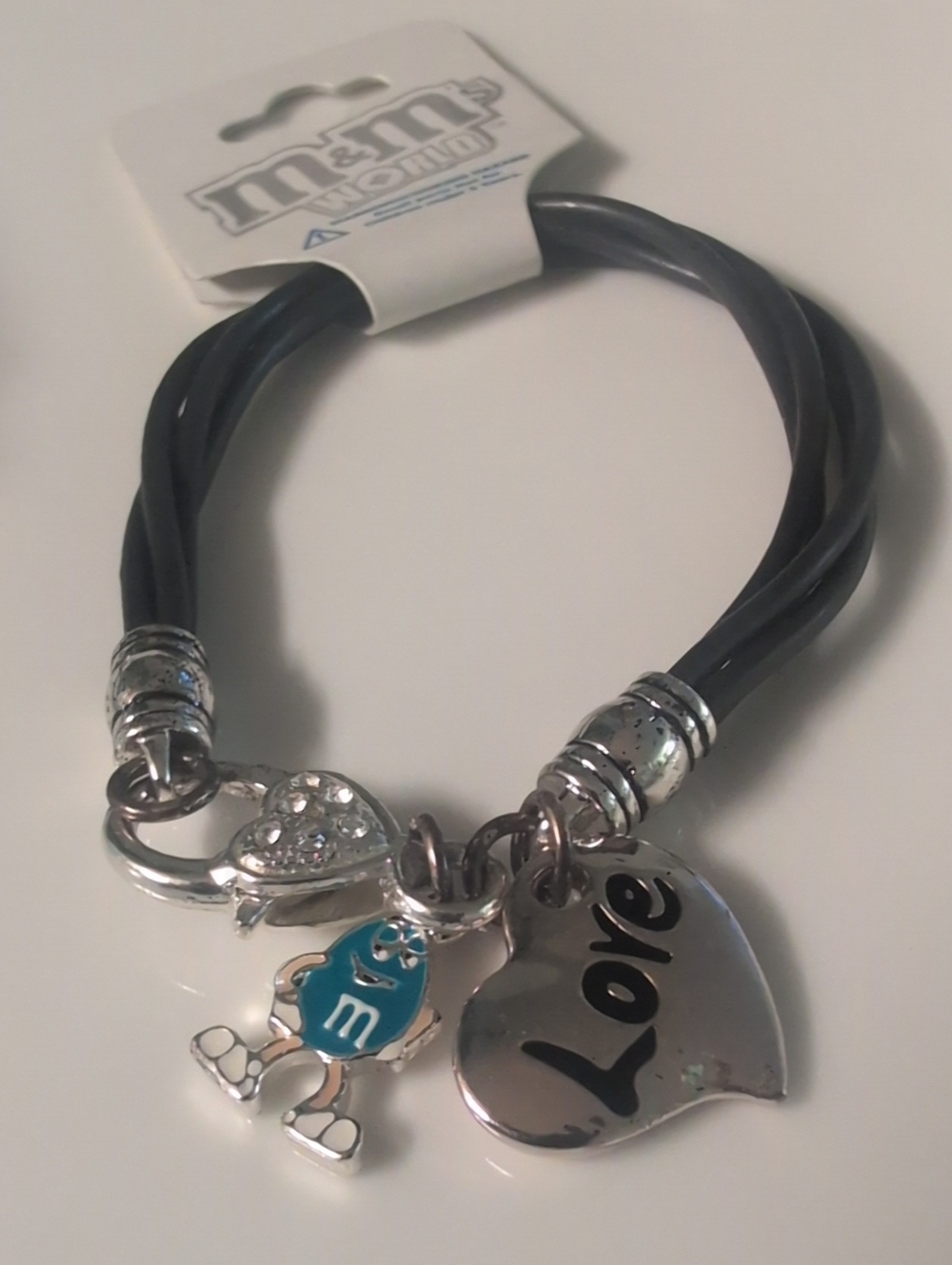 M&M'S Black Cord Bracelet with Blue M&M Character and Silver Heart Charm NWT